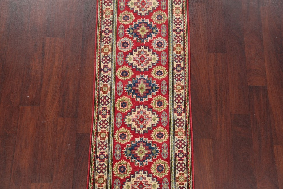 Pakistani Traditional Hand-Knotted Kazak Oriental Runner Rug, Red, 5'11"X2'2"