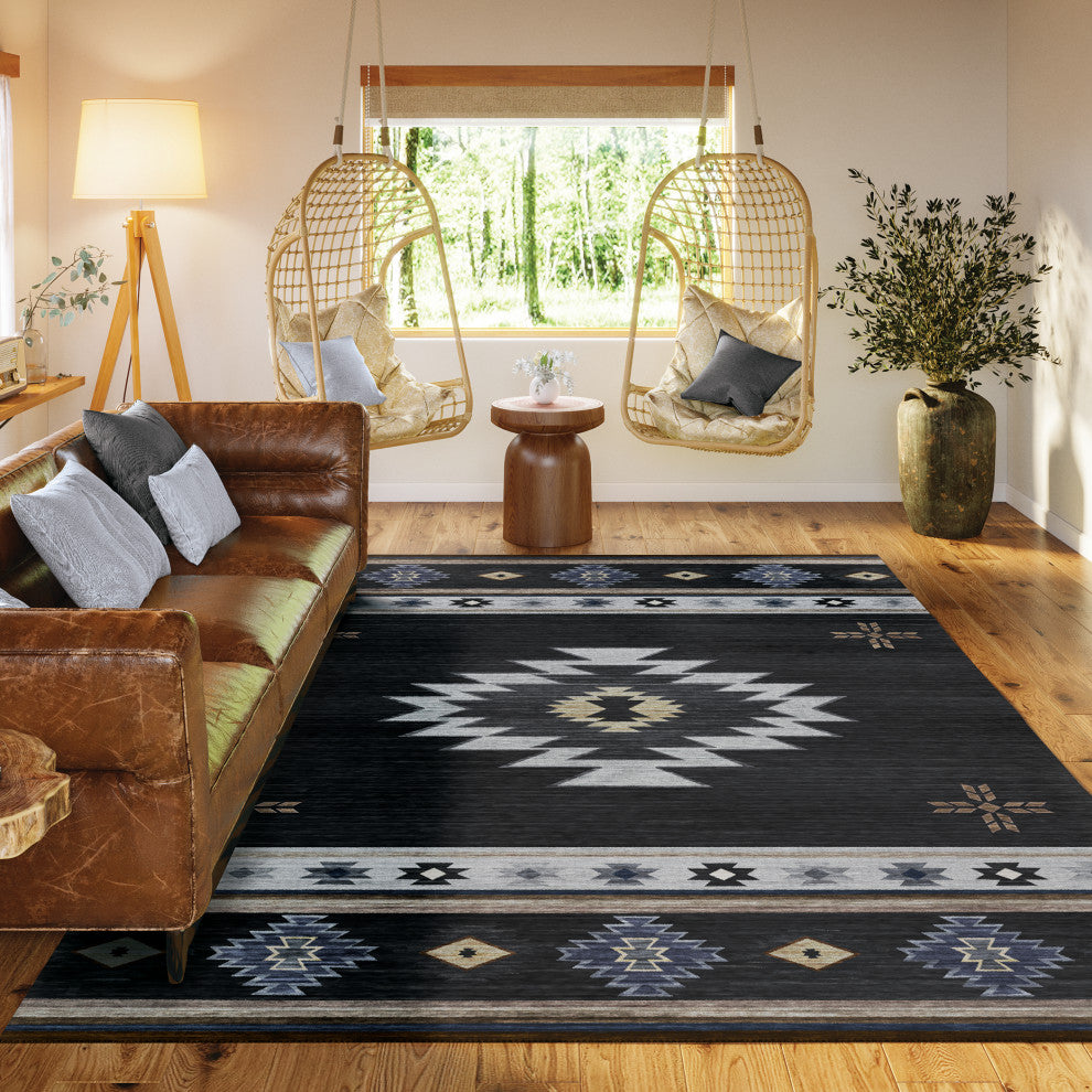 Indoor/Outdoor Phoenix PH4 Black Machine Washable 9' x 12' Rug