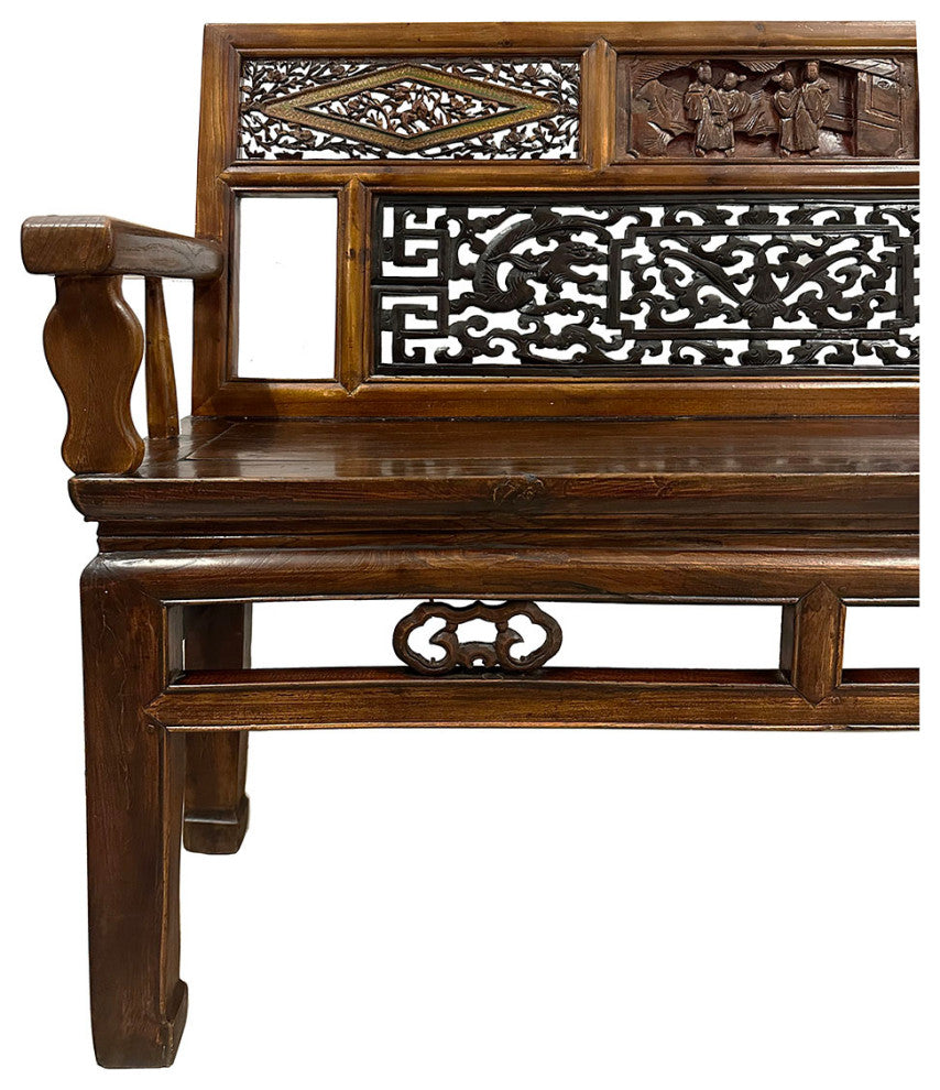 Consigned Late 19th Century Chinese Carved Hall Bench, Love Seat