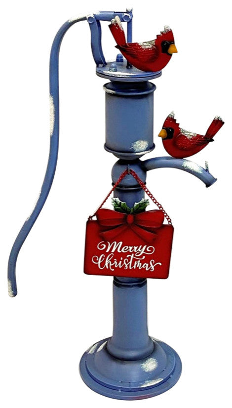 Old Style Blue Iron Water Pump, "Merry Christmas" Sign and Cardinals