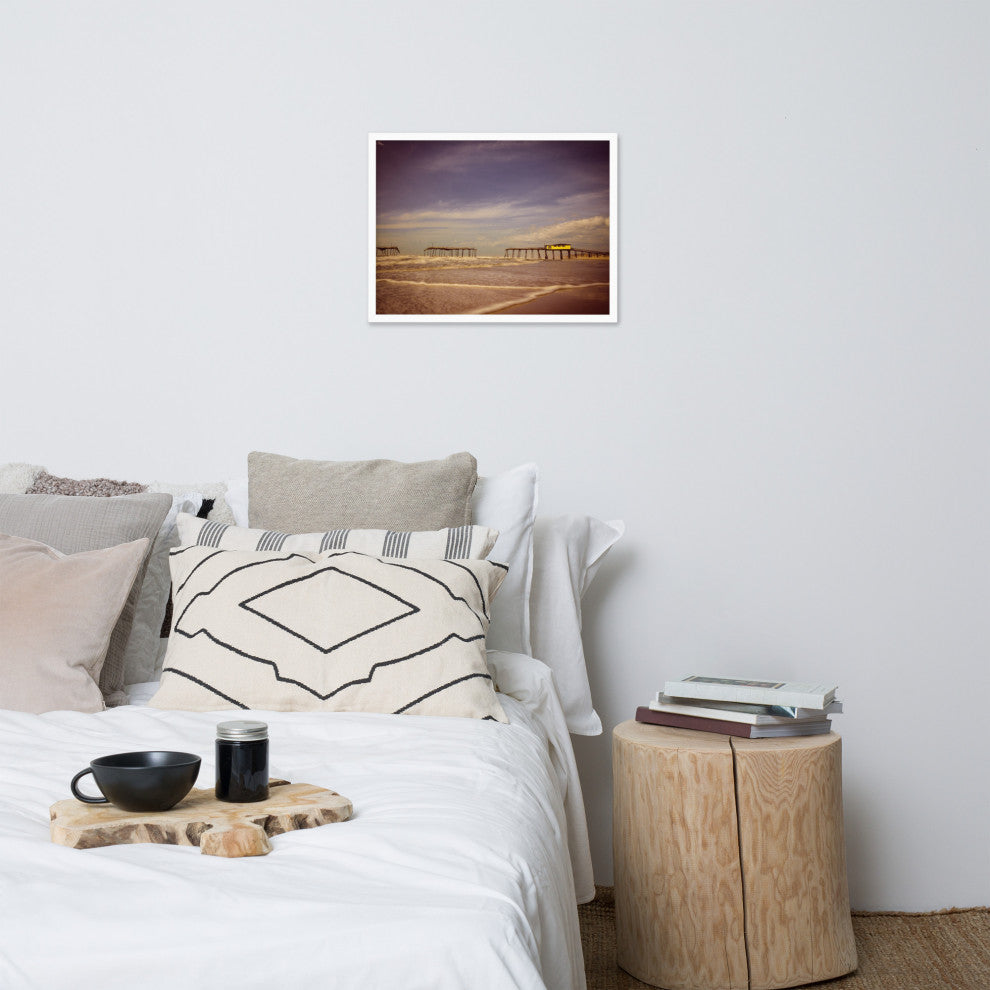 Aged View of Frisco Pier Coastal Framed Photo Paper Print, White, 18" X 24"