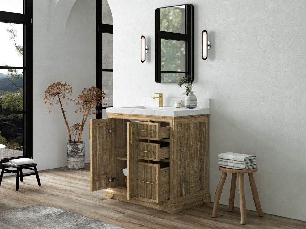 Alys Teak 36 Bathroom Vanity Left Offset Sink Whitewashed 2" White Quartz