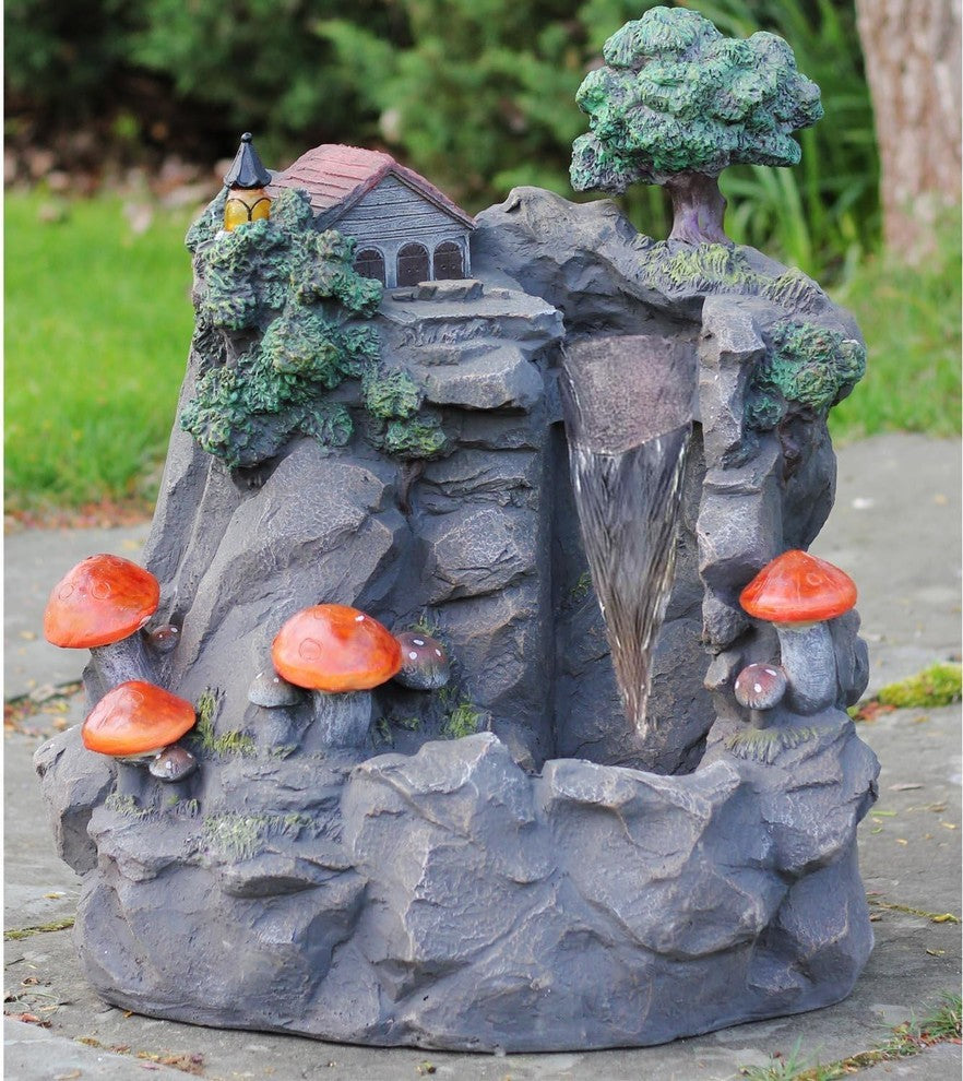 Solar LED Lighted Mushrooms By Waterfall Outdoor Patio Garden Water Fountain