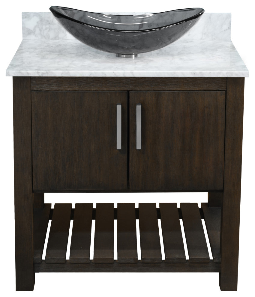 30" Vanity with Carrara White Marble Counter, Drain, Mounting Ring and P-Trap, Brushed Nickel, Without Mirror