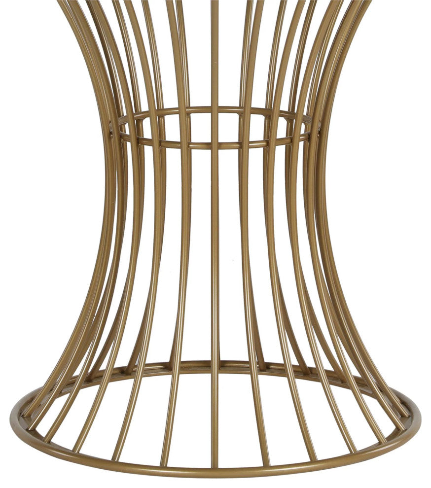 Modern Dining Table, Cage Like Brass Finished Base With Round Tempered Glass Top