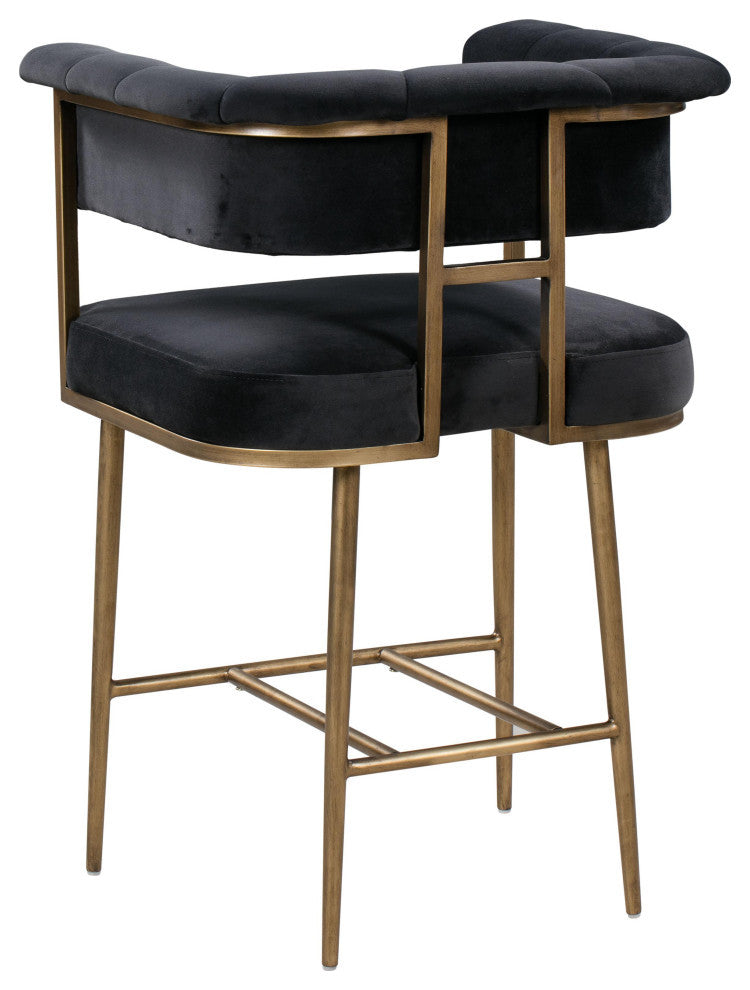 Gray Grey Velvet Counter Stool, Contemporary Modern Brass Gold Counter Stool