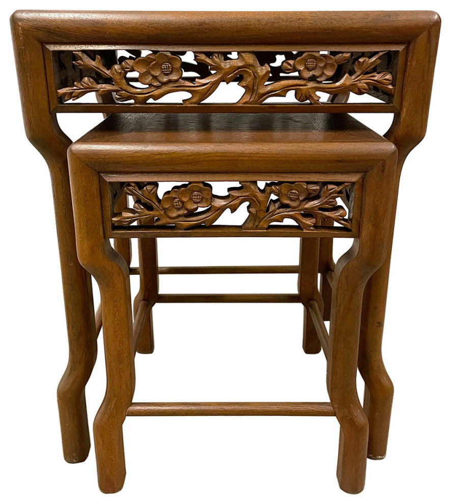 Consigned Early 20th Century Chinese Carved Teak Wood Nesting Table Set