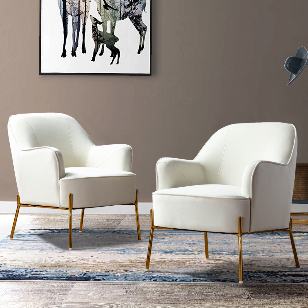 Nora Upholstered Velvet Accent Chair With Golden Base Set of 2, Ivory