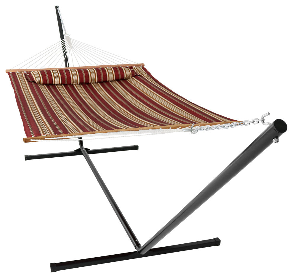 Sunnydaze 2-Person Quilted Spreader Bar Hammock and 12' Stand, Red Stripe