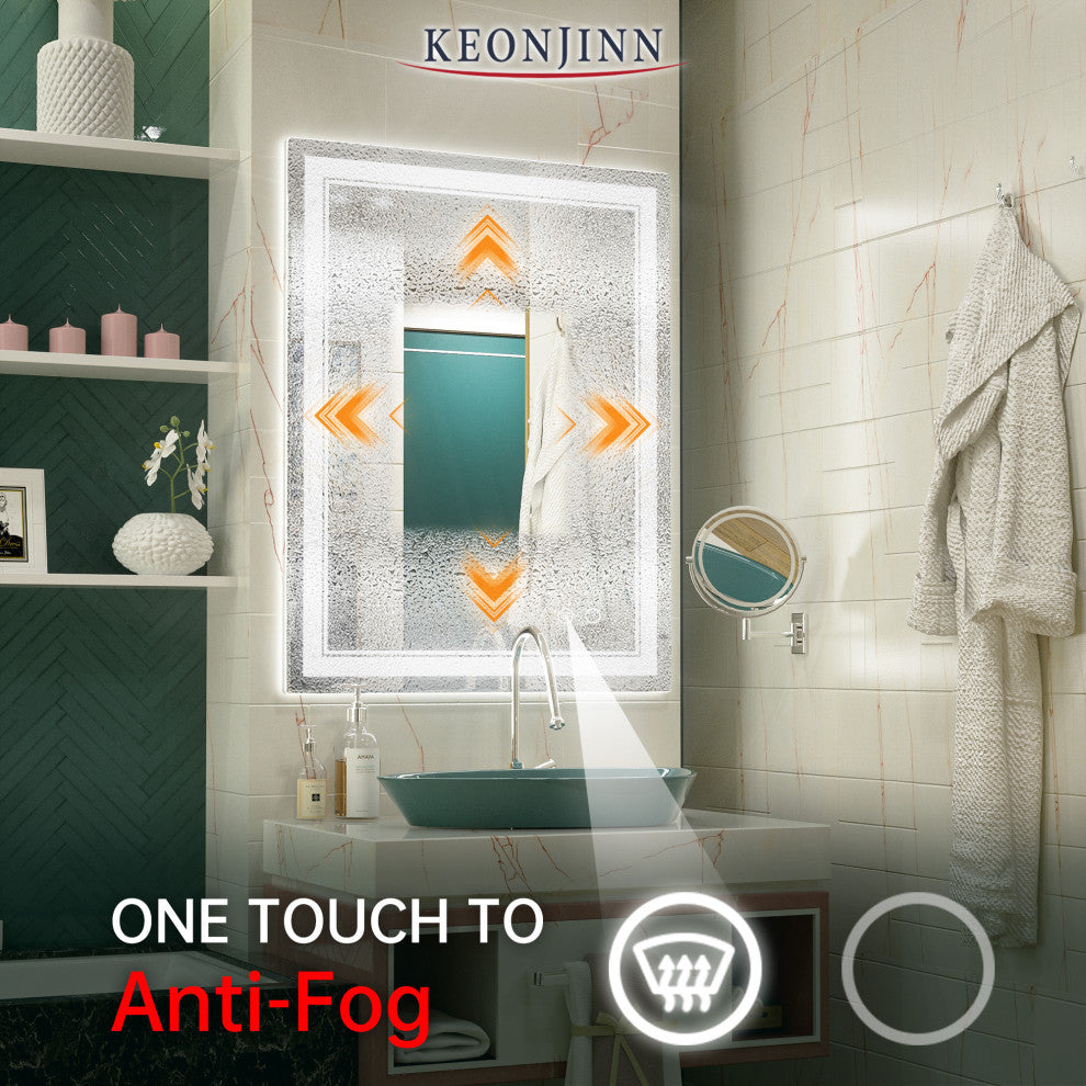 3-Colors LED Bathroom Mirror, Anti-Fog Memory Dimmable, Sliver, 36"x28"