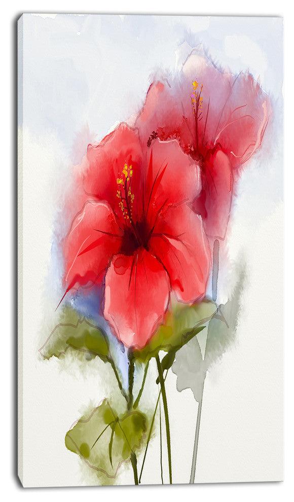 Watercolor Painting Red Hibiscus Flower, Floral Canvas Art Print, 16"x32"