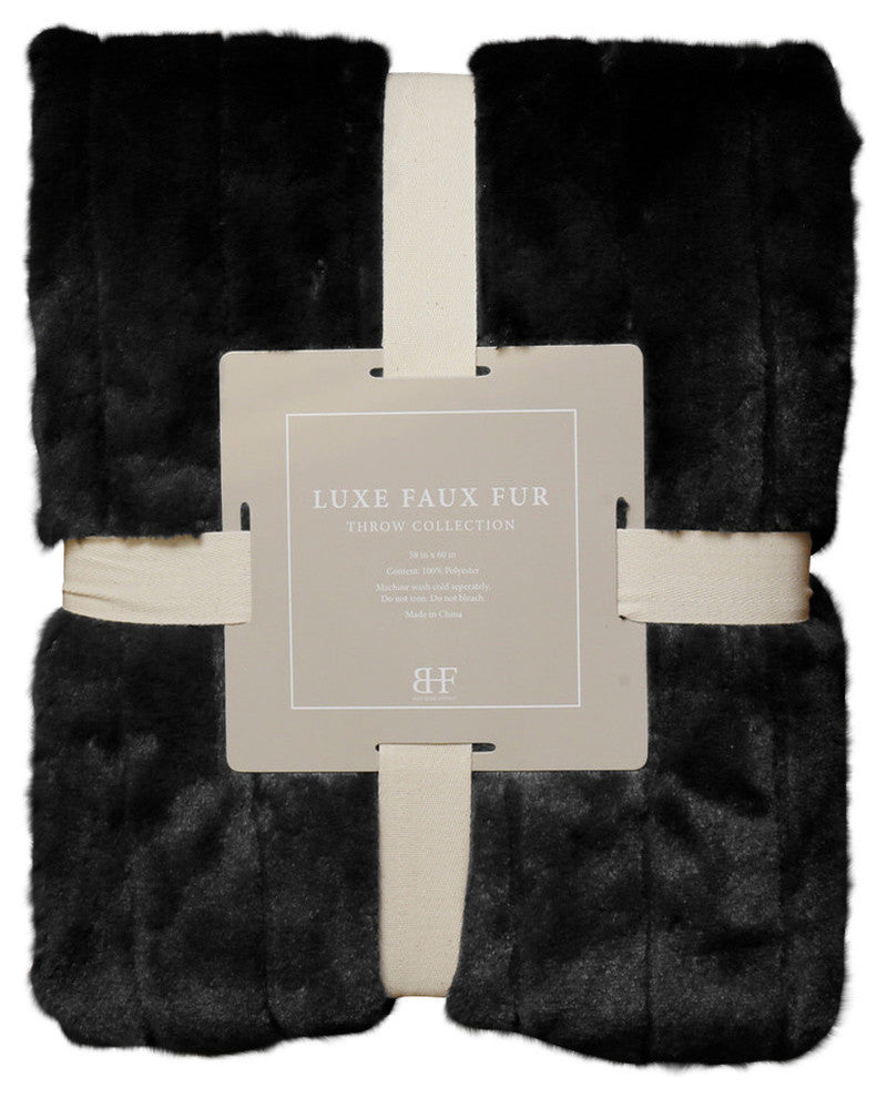 Luxe Mink Pom Pom Faux Fur Throw Blanket, Black