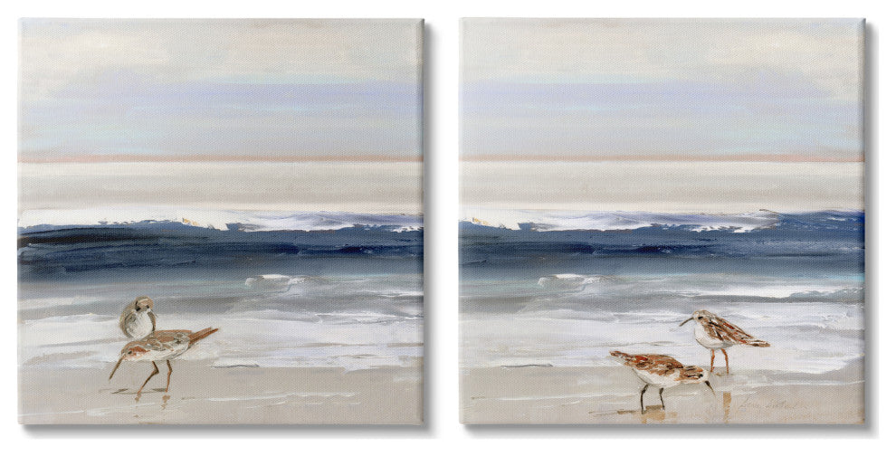 Birds On Beach Shore Ocean Waves Blue Sky Landscape, 2pc, each 24 x 24