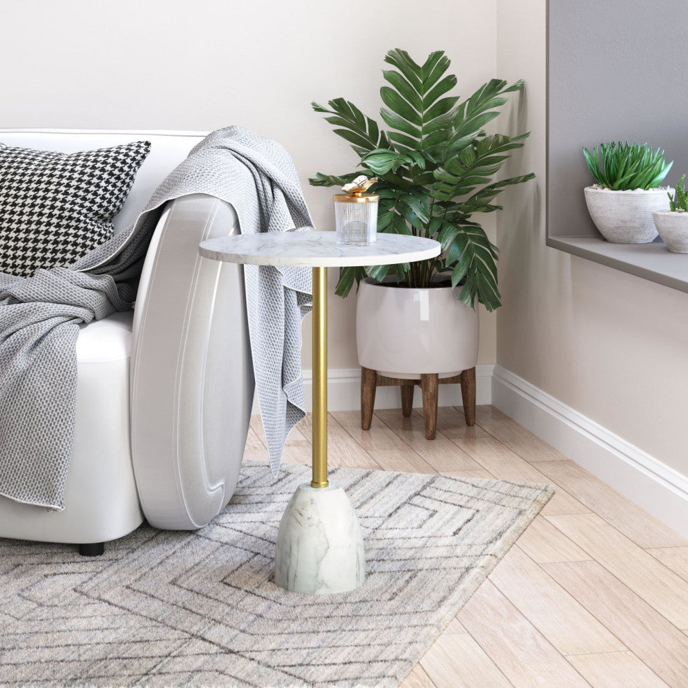 Sofa Side Table, Round, Artificial Marble, Iron Metal, White, Gold, Hospitality