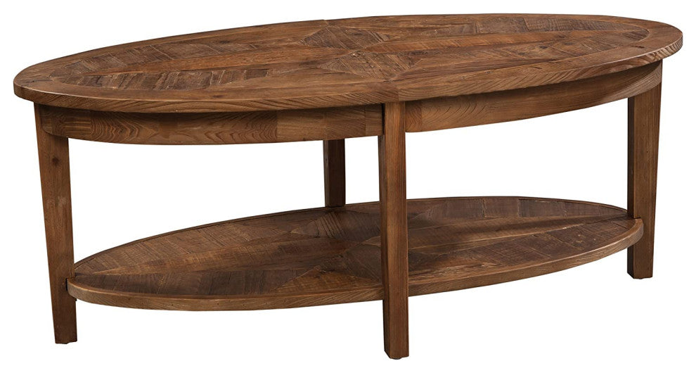Transitional Reclaimed Wood Coffee Table, Oval Top With Storage Shelf