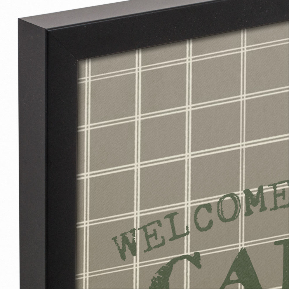Welcome to our Cabin Taupe and White Check 13.73x13.73 Black Framed Canvas