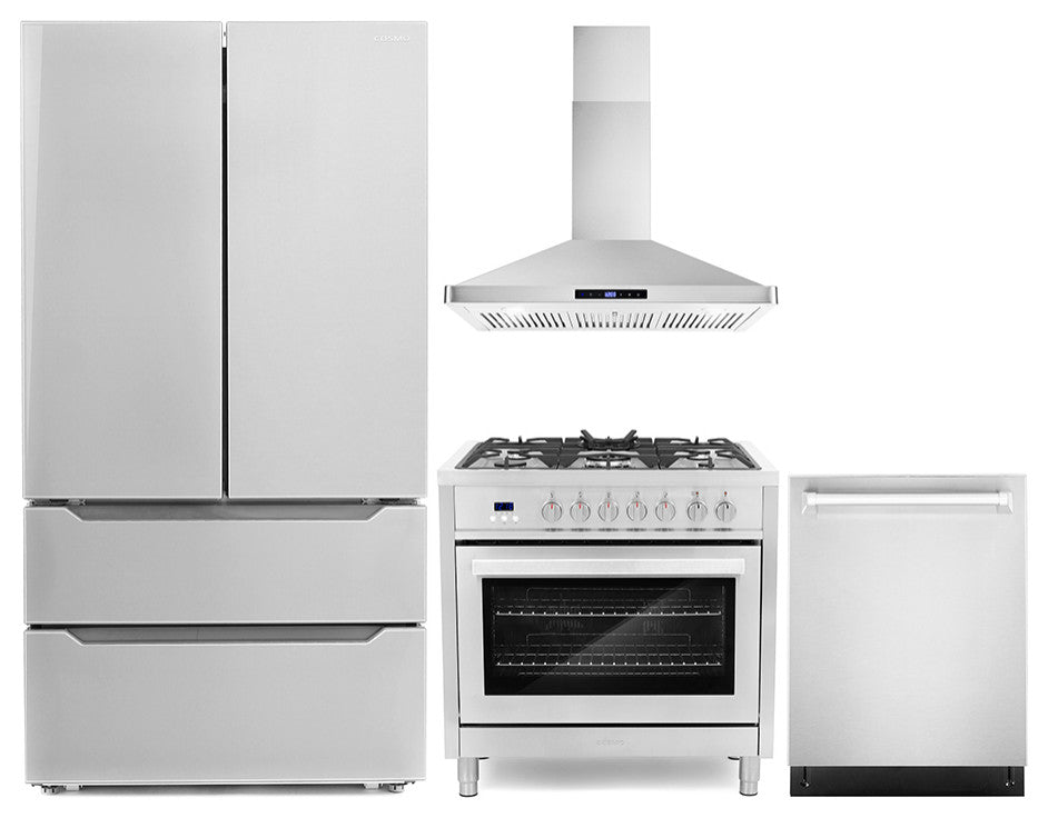 4-Piece, 36" 240V Dual Fuel Range, 36" Range Hood, Dishwasher and Refrigerator