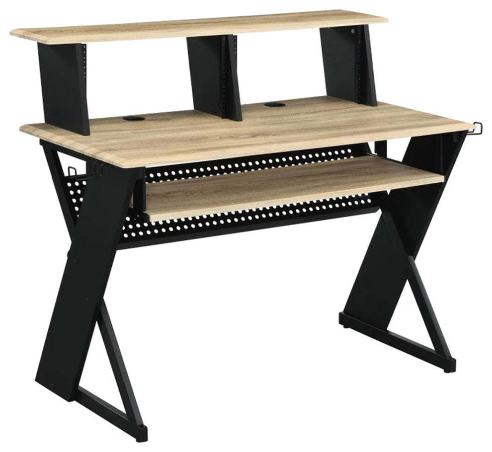 Benzara BM276203 Wood Music Desk Studio Station, Keyboard Tray, Shelves, Brown