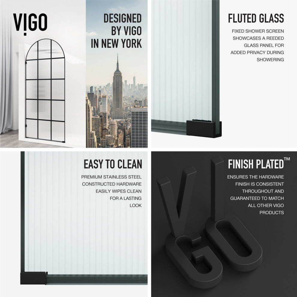 VIGO Arden 34" W x 78" H Framed Fixed Shower Screen, Grid, Fluted Glass, Matte Black