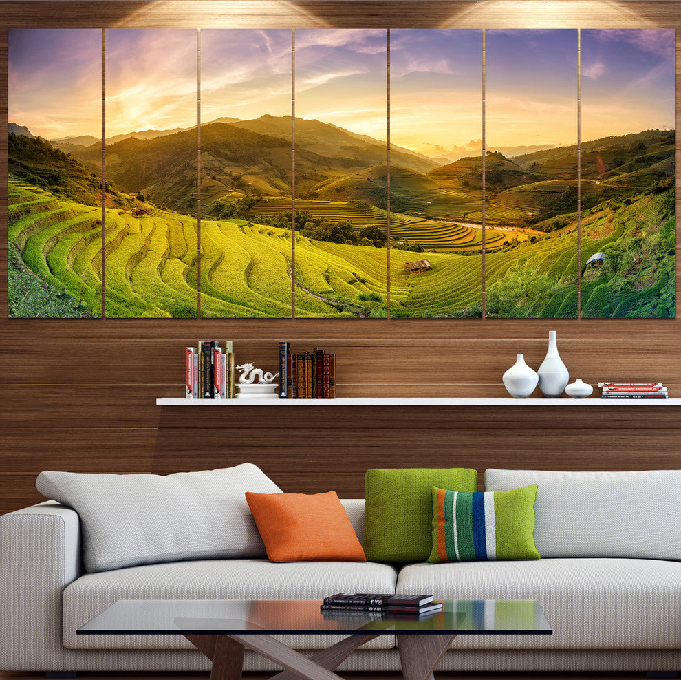 Rice Fields on Terraced Panorama, Landscape Canvas Art Print, 83"x32", 7 Panels