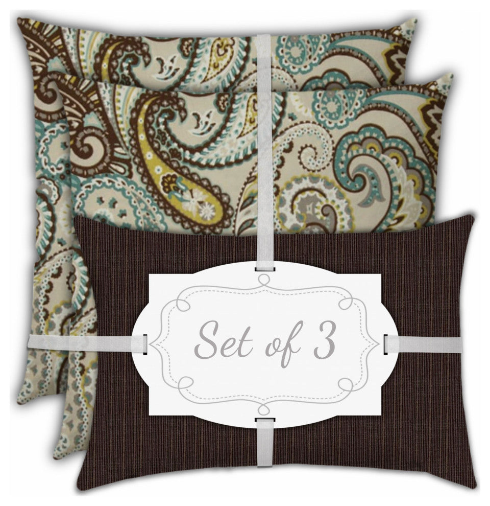 3-Piece Set Brown Paisley Indoor Outdoor Zippered Pillows