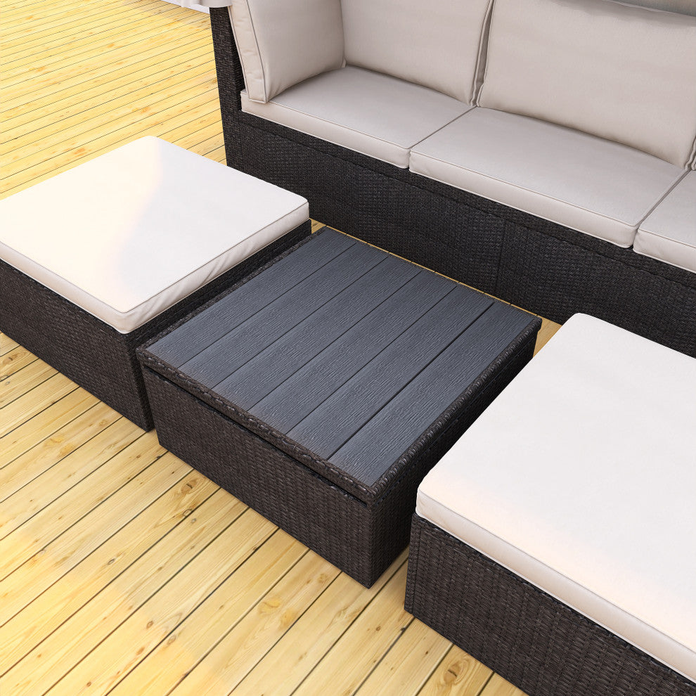 4-Piece Outdoor Wicker Sectional Patio Daybed with Canopy and Ottoman, Black Bei