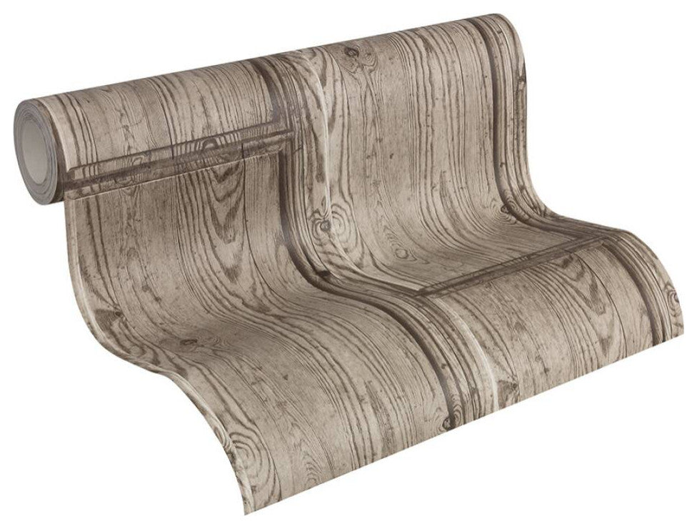 Loft Textured Wallpaper Featuring Rustic Wood, Brown Gray, One Roll
