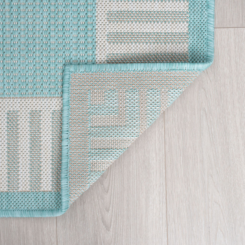 Dania Transitional Solid Border Aqua Rectangle Indoor/Outdoor Area Rug, 8'x10'