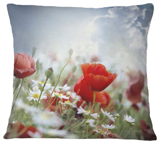 Red Poppies On Cloudy Background Floral Throw Pillow, 16"x16"