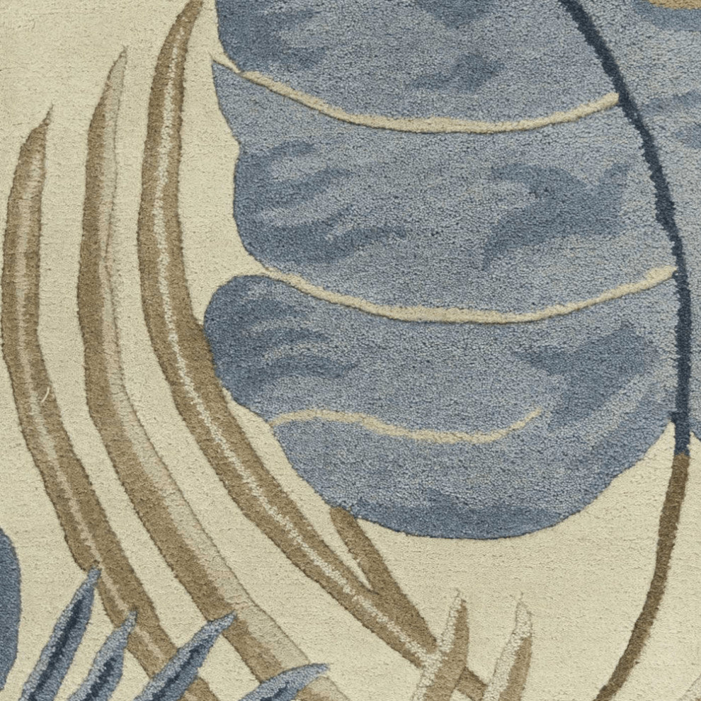 8' Ivory and Blue Wool Tropical Botanical Hand Tufted Runner Rug