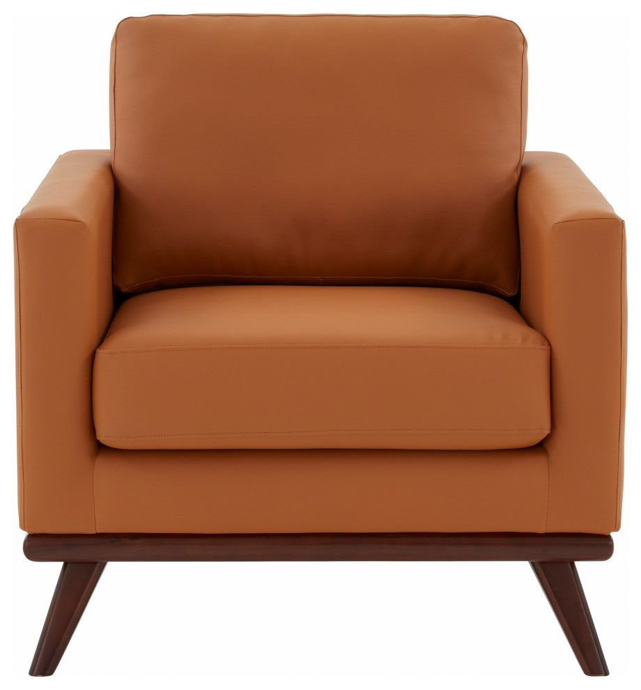 LeisureMod Chester Mid-Century Modern Faux Leather Accent Arm Chair, Cognac Tan