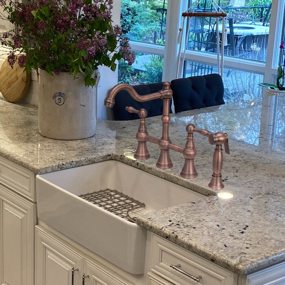 Two-Handles Copper Bridge Kitchen Faucet with Side Sprayer, American Bronze