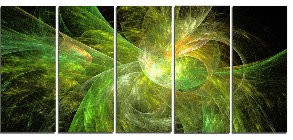 Green on Black Fractal Illustration, Abstract Canvas Print, 60"x28", 5 Panels