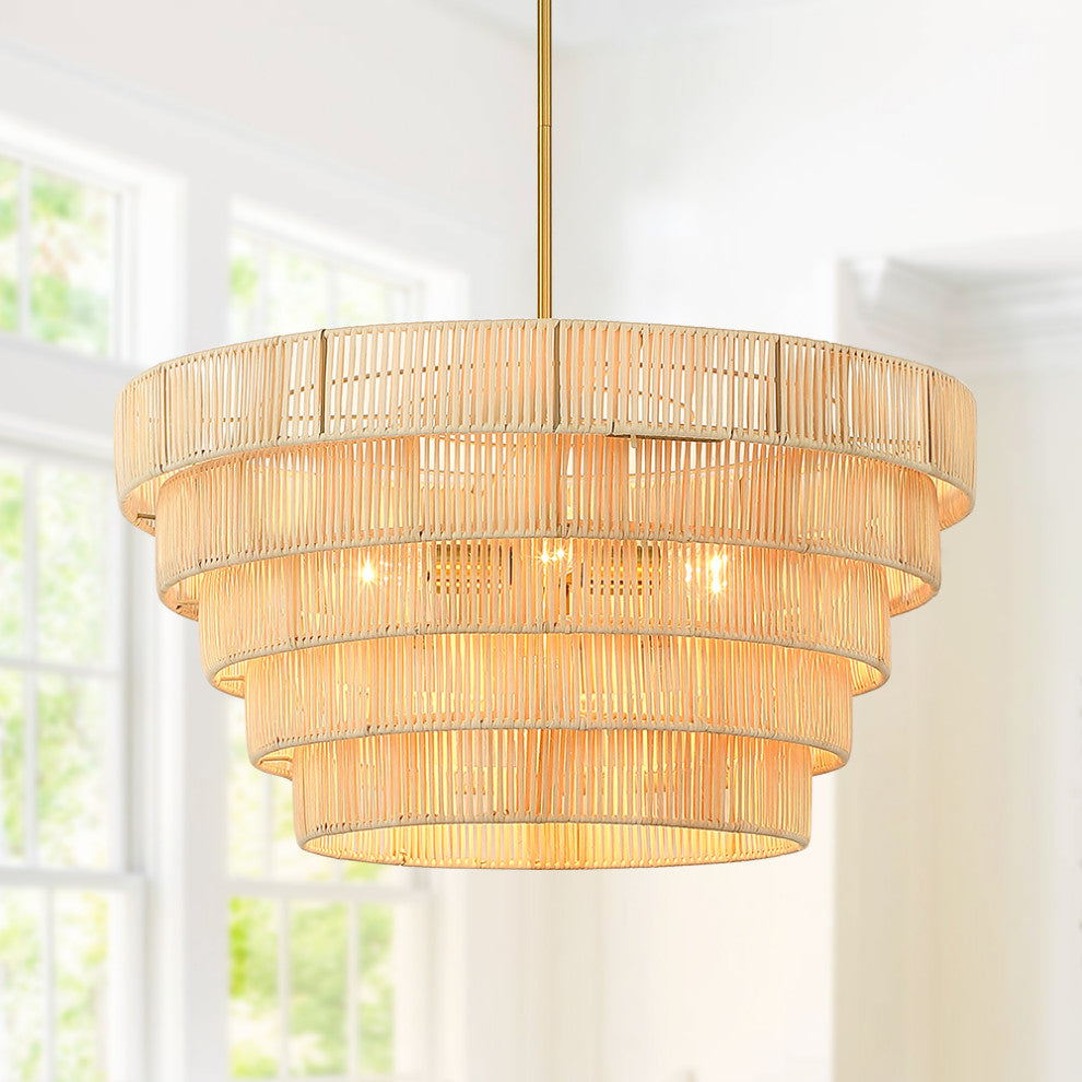 26" W 5-Light Brass Modern Bohemian Chandelier With Tiered Rattan Shade