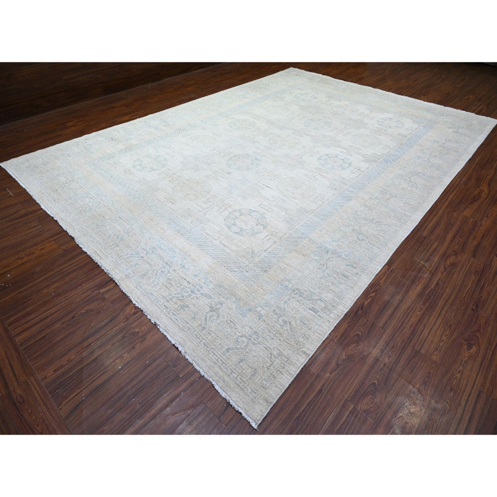 Silver Chalice White Wash Peshawar Mahal Design Wool Hand Knotted Rug 10'x14'4"