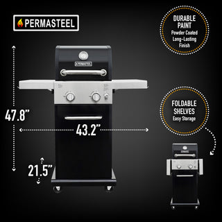 Permasteel 2 Burner Gas Grill with Folding Side Shelves, Black