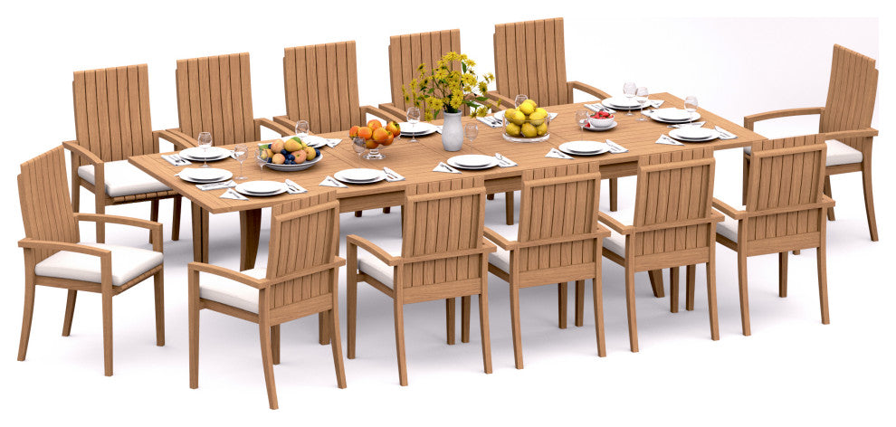 13-Piece Outdoor Teak Dining 122" X-Large Rectangle Table, 12 Goa Stacking Chair