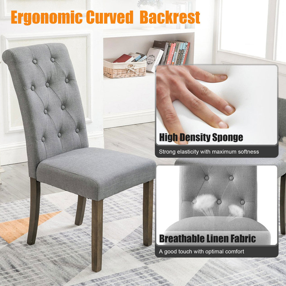 Solid Wood Dining Chair, Set of 2, Beige Tufted, Grey
