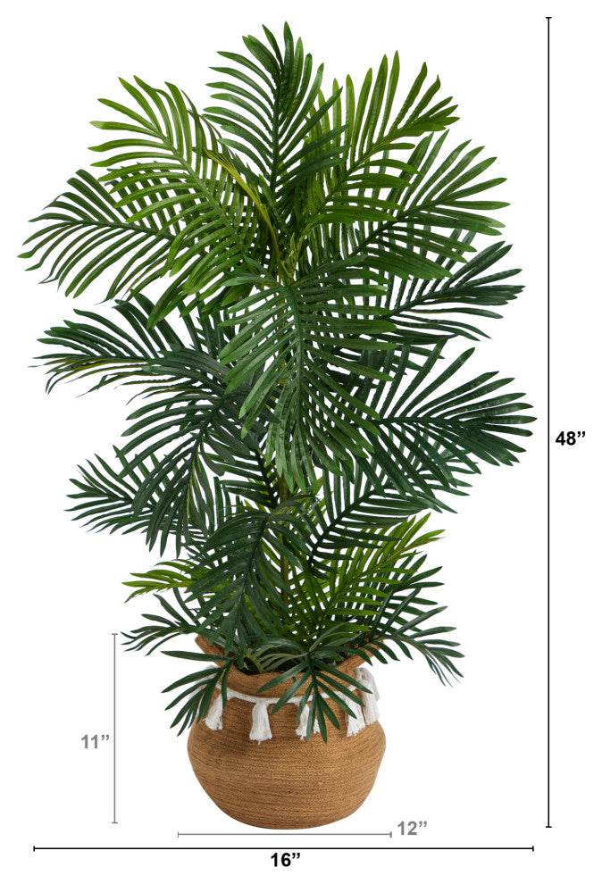 4' Areca Faux Palm Tree, Boho Handmade Natural Cotton Woven Planter W/Tassels