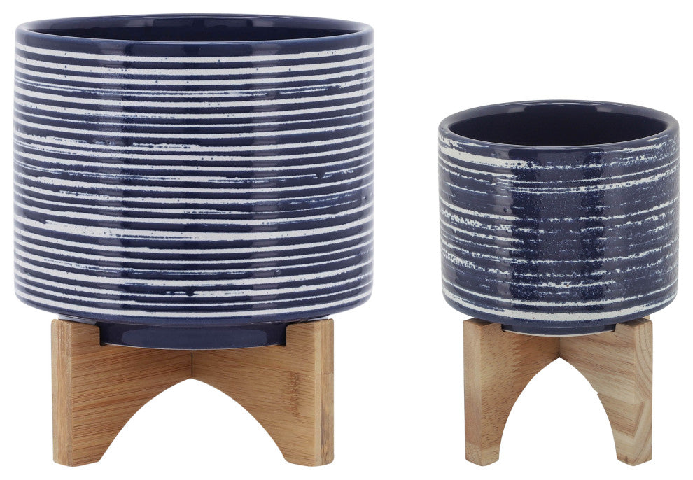Ceramic Set of 2, 5", 8" Planter On Stand, Blue