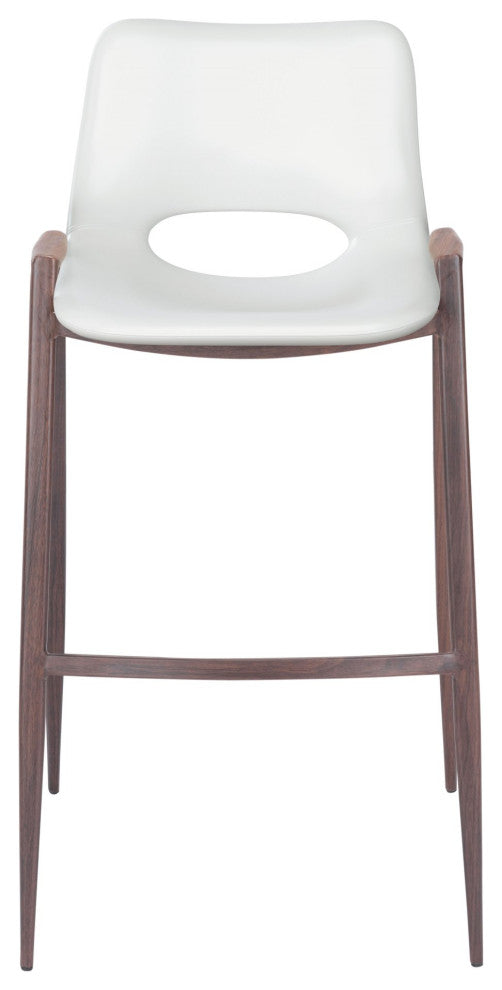 Bar Stool Chair Barstool, Set of 2, Faux Vinyl Leather, Steel, White, Walnut