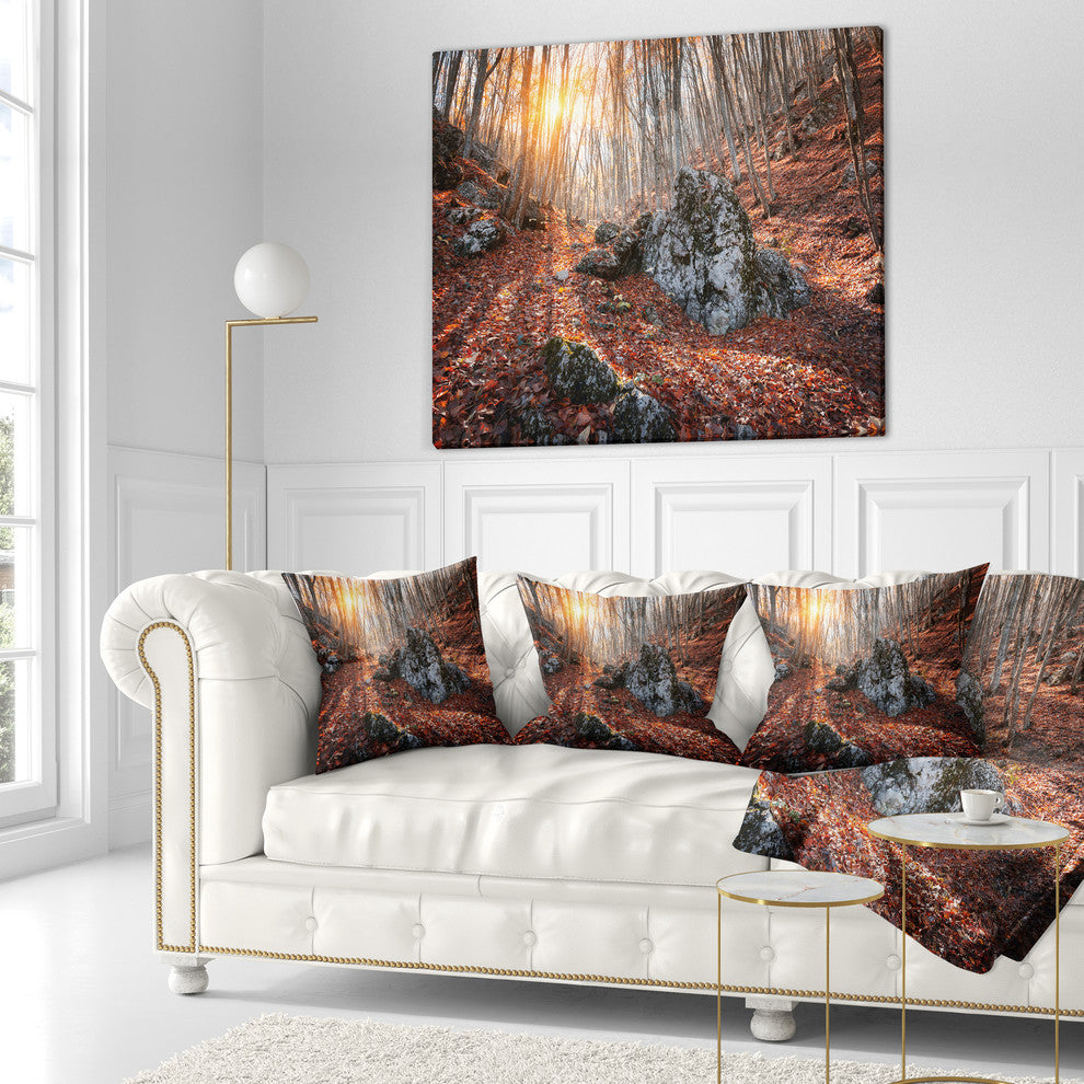 Rocky Red Autumn Forest Landscape Photography Throw Pillow, 18"x18"