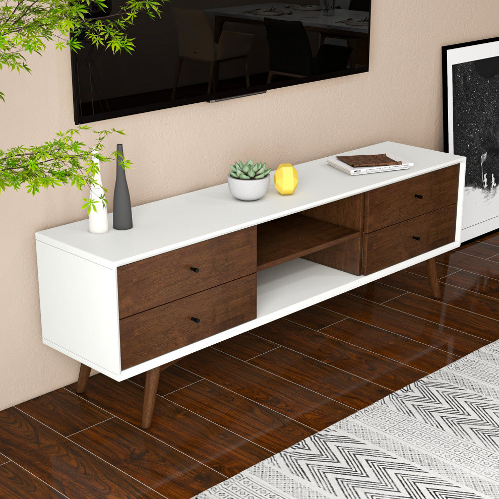 Noak Mid-Century Modern Solid Wood TV Stand With 6 Storage Cabinet, White