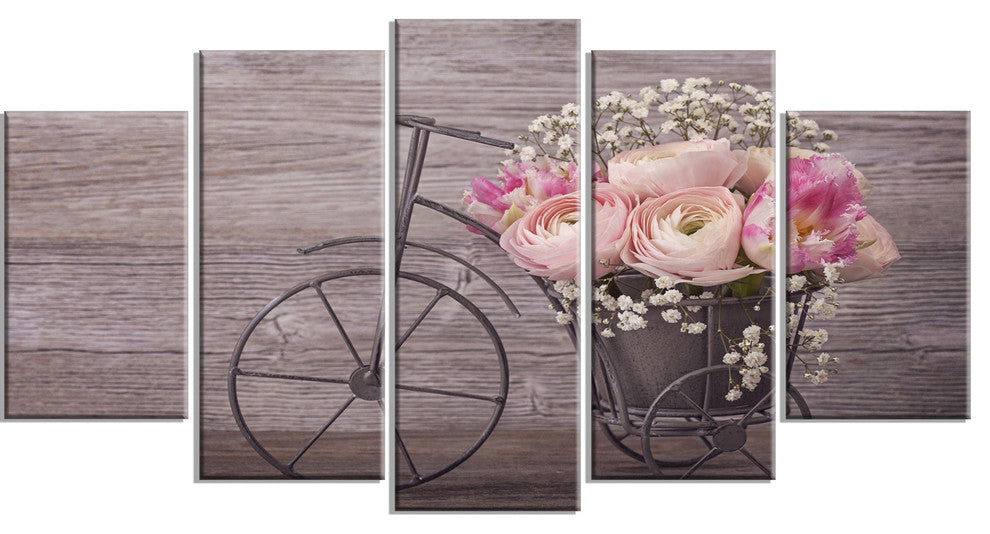 Ranunculus Flowers on Bicycle, Large Floral Canvas Art Print, 60"x32", 5 Panels