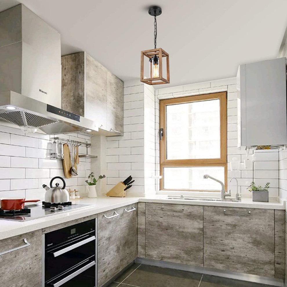 Wooden Square Pendant Lighting Fixtures Cage Swag Hanging Chandelier