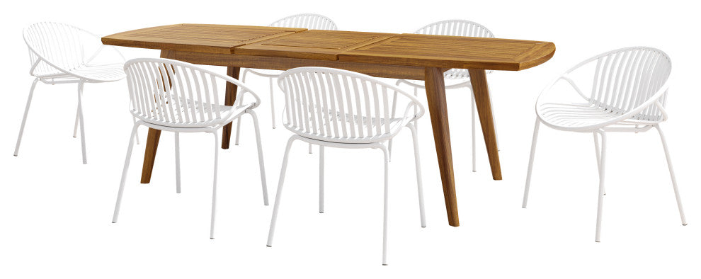 GDF Studio 7-Piece Outdoor Dining Set, Table & Stackable Chairs, White/Brown
