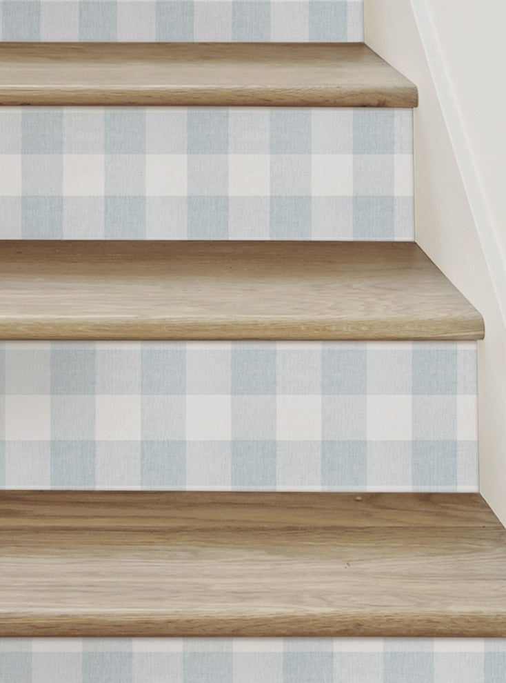 Checkered Fabric Look Peel & Stick Stair Riser Strips, Blue, 48"x7", Set of 6