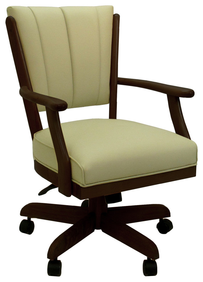 Classic Caster Swivel Dining Chair on Wheels, Solid Wood, Ocean Beige Vinyl - Roasted Brown