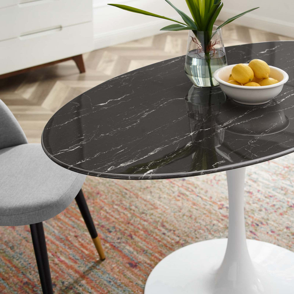 54" Dining Table, Round, Black White, Artificial Marble, Metal, Modern