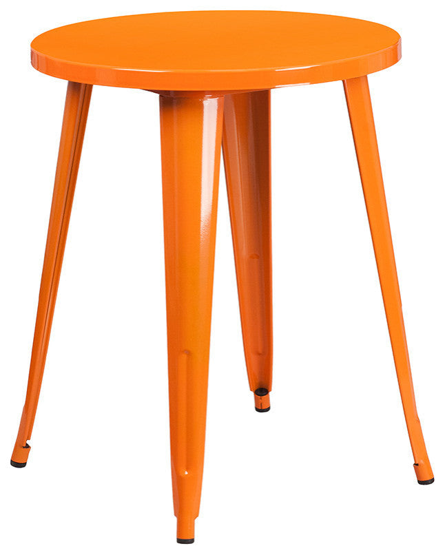 24" Round Orange Metal Indoor-Outdoor Table Set with 4 Vertical Slat Back Chairs
